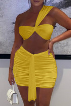 Yellow Sexy Solid Backless Strapless Sleeveless Two Pieces