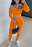 Оранжевый модный сексуальный однотонный топ с открытой спиной и открытыми плечами с длинным рукавом из двух частей