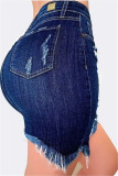 Saia jeans sexy fashion com buraco quebrado azul escuro