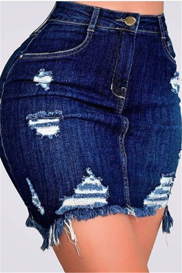 Темно-синяя модная сексуальная джинсовая юбка с рваными отверстиями