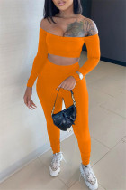 Orange Fashion Sexy Solid Backless Schulterfrei Langarm Zweiteiler