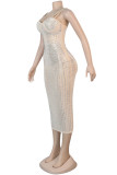 Абрикосовое сексуальное платье больших размеров с горячим бурением и открытой спиной на тонких бретельках без рукавов