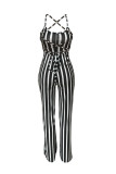 Black Sexy Casual Striped Print Backless Strap Design Plus Size Jumpsuits