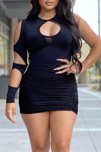 Black Fashion Sexy Solid Hollowed Out Fold O Neck Long Sleeve Dresses