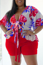 Red Fashion Casual Print Basic V-hals Plus Size Two Pieces