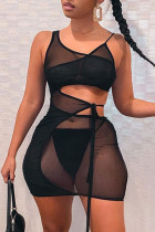 Negro sexy sólido ahuecado hacia fuera transparente correa de espagueti envuelto falda vestidos (sin forro)