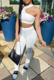 White Sexy Casual Solid Hollowed Out Half A Turtleneck Sleeveless Two Pieces