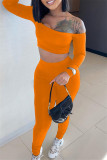 Оранжевый модный сексуальный однотонный топ с открытой спиной и открытыми плечами с длинным рукавом из двух частей