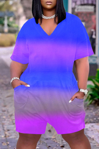 Blue Casual Gradual Change Print Tie-dye O Neck Loose Rompers