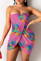 Pink Fashion Sexy Print Rückenfreies trägerloses unregelmäßiges Kleid