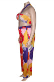 Multicolor Sexy Casual Print Backless Strapless Plus Size Two Pieces