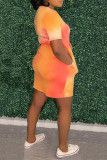 Vestido de manga curta laranja moda casual tie-dye decote oco