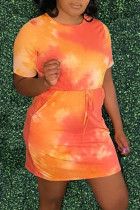 オレンジファッションカジュアルプリント絞り染めOネック半袖ワンピース