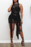 Noir Sexy Patchwork See-through Strap Design O Neck Plus Size Robes sans manches
