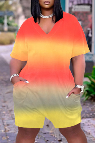 Orange Casual Gradual Change Print Tie-dye O Neck Loose Rompers