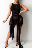 Schwarzes, sexy, durchsichtiges Patchwork-Trägerdesign mit O-Ausschnitt und ärmellosen Kleidern in Übergröße
