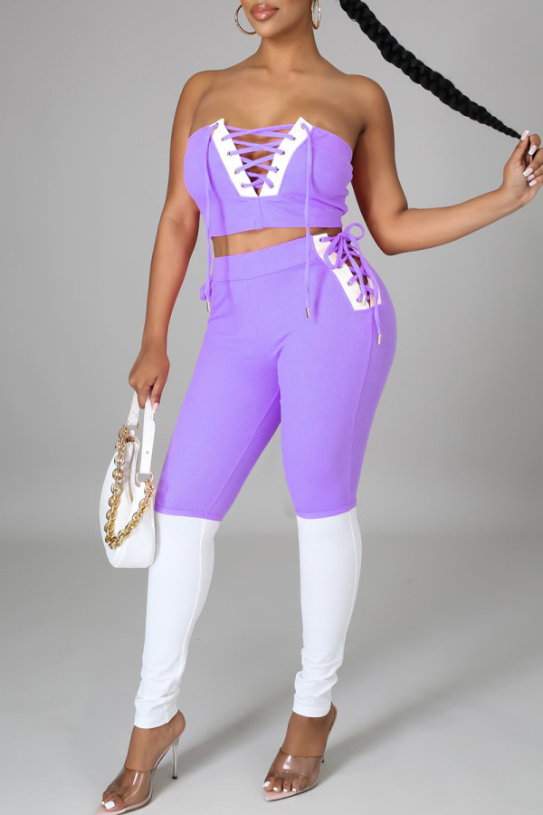 Фиолетовый сексуальный повседневный пэчворк без спинки ремешок дизайн без бретелек без рукавов две части