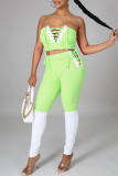 Fluorescent Green Sexy Casual Patchwork Backless Strap Design Strapless Sleeveless Two Pieces