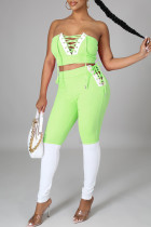 Verde fluorescente sexy casual patchwork senza schienale cinturino design senza spalline senza maniche in due pezzi