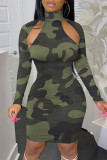 Grey Fashion Sexy Camouflage Print Hollowed Out Turtleneck Long Sleeve Dresses