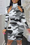 Army Green Fashion Sexy Camouflage Print Hollowed Out Turtleneck Long Sleeve Dresses
