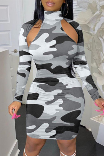 Grey Sexy African Camouflage Print Hollowed Out Turtleneck Long Sleeve Tight Dress