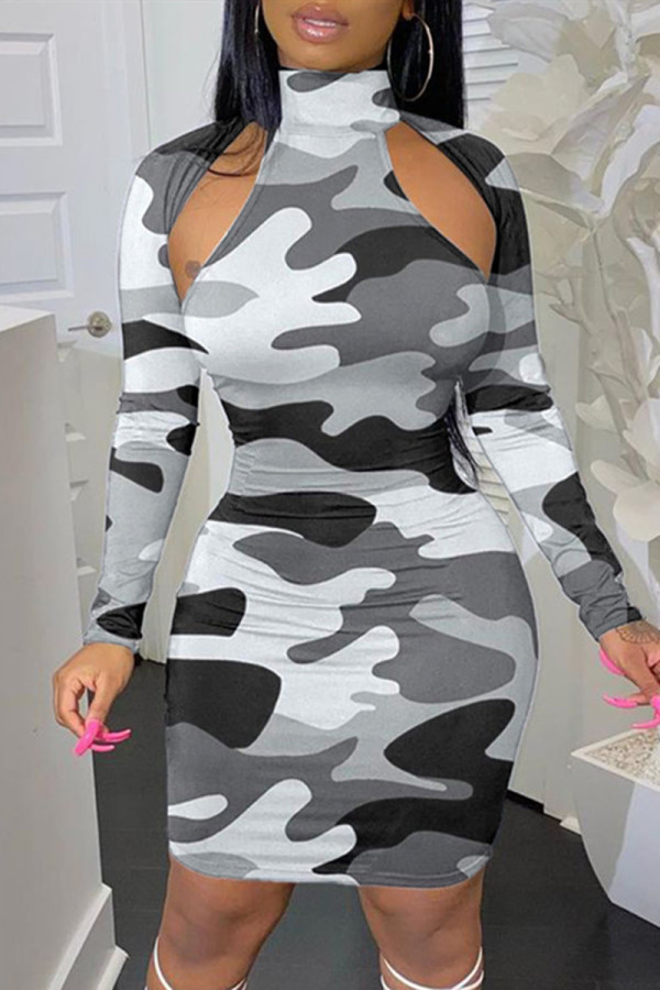 Vestidos cinza moda sexy com estampa de camuflagem vazada gola alta manga longa