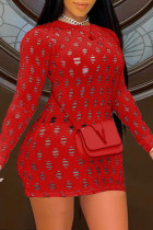 Rode mode sexy effen uitgeholde doorschijnende O-hals jurk met korte mouwen