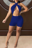 Macacão skinny azul sexy sólido vazado sem costas com design halter