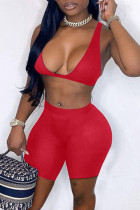 Red Fashion Sexy Solid Backless V Neck Sleeveless Two Pieces