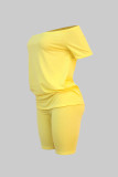 Gelb Mode Lässig Solide Grundlegend Schräger Kragen Plus Größe Zwei Stücke