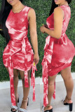 ピンクのセクシーなプリント包帯パッチワーク O ネック ペンシル スカート ドレス