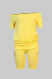 Gelb Mode Lässig Solide Grundlegend Schräger Kragen Plus Größe Zwei Stücke