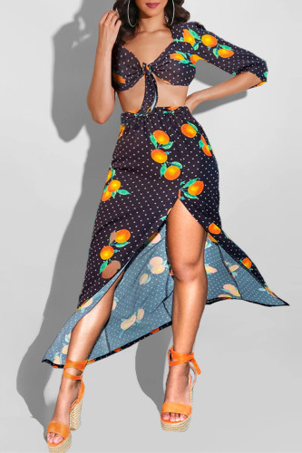 Black Sexy Casual Print Slit V Neck Half Sleeve Two Pieces
