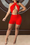 Красный сексуальный однотонный облегающий комбинезон с открытой спиной и ремешком на шее