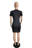 Black Fashion Casual Letter Print Basic O Neck Short Sleeve Dress