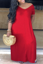 Vestido de manga corta con cuello en V básico sólido de talla grande casual de moda rojo