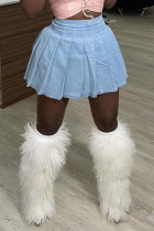 Baby Blue Fashion Casual Solid High Waist Regular Denim Pleated Mini Skirt