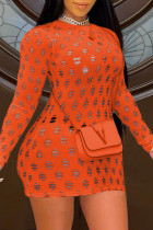 オレンジ色のファッションセクシーなソリッドくり抜かれたシースルーOネック半袖ドレス