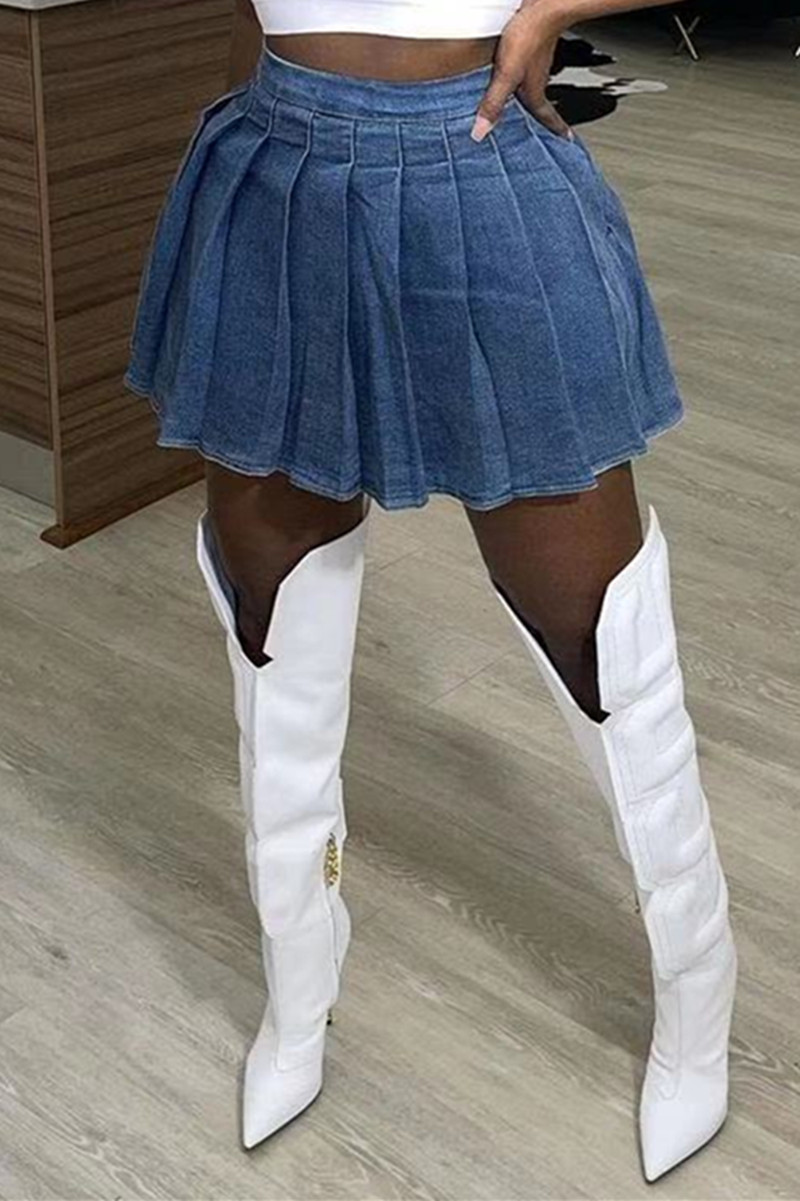 

Dark Blue Fashion Casual Solid High Waist Regular Denim Pleated Skirt