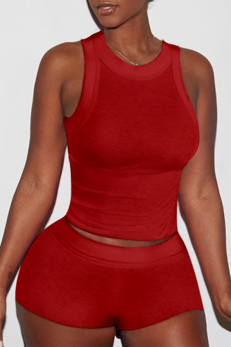 Red Casual Solid Patchwork U Neck Sleeveless Two Pieces