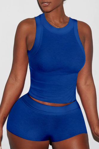 Blue Casual Solid Patchwork U Neck Sleeveless Two Pieces