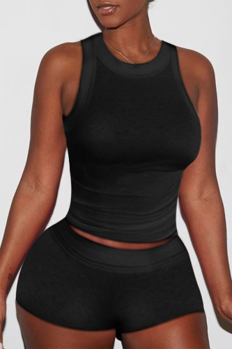 Black Casual Solid Patchwork U Neck Sleeveless Two Pieces