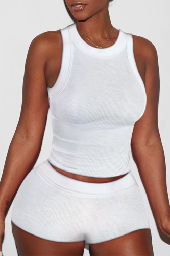 White Casual Solid Patchwork U Neck Sleeveless Two Pieces