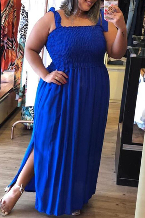 Vestido azul fashion sexy plus size com fenda reta e alça fina sem mangas