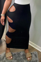 Черная сексуальная повседневная сплошная выдолбленная юбка с высоким воротом