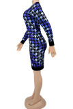 Blue British Style Print Hollowed Out O Neck A Line Dresses