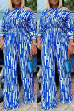 Blu moda stampa colletto obliquo di base manica lunga due pezzi