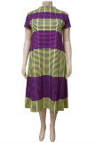 イエロー パープル ファッション カジュアル プラスサイズ パッチワーク ベーシック Oネック 半袖ドレス