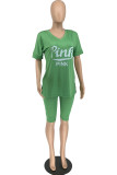Green Casual Letter Solid Patchwork V Neck Plus Size Two Pieces